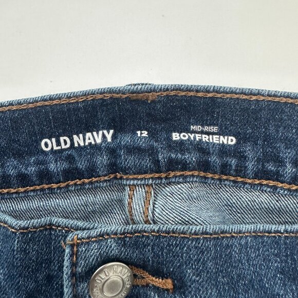 Old Navy Mid Rise Boyfriend Distressed Women's size 12 Dark Wash Blue Denim Jean - Picture 3 of 5